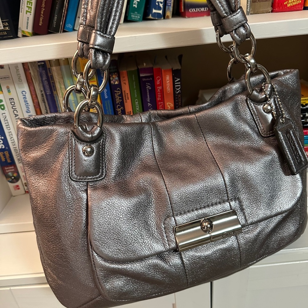 COACH Metallic Silver Leather Tote Bag with Chain Detail